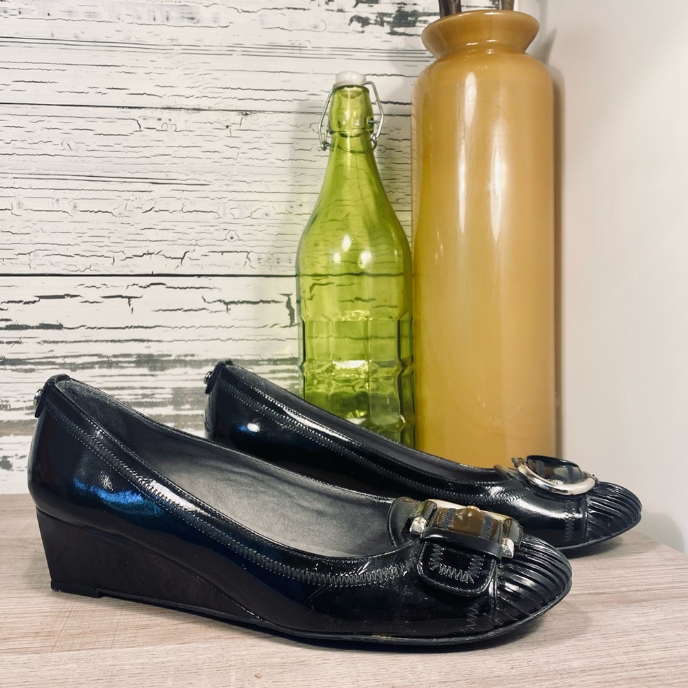 Stuart Weitzman Pleatolo Black Patent Leather Wedge